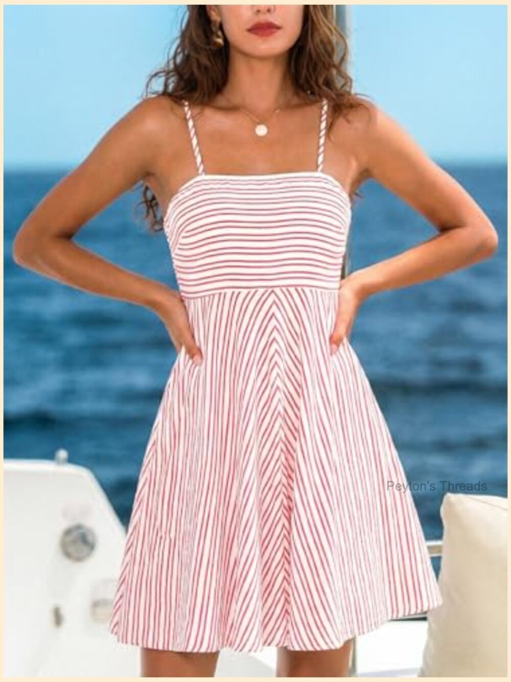Smocked Square Neck Striped Mini Dress with Pockets - Picture 6 of 7